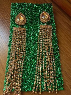 Gold Crystal Champagne Teardrop Fringe Drop Earrings -  6” drop